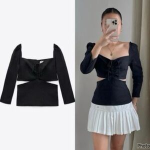 Zara black cut-out puff long sleeve drawstring sweetheart top blouse M NWOT